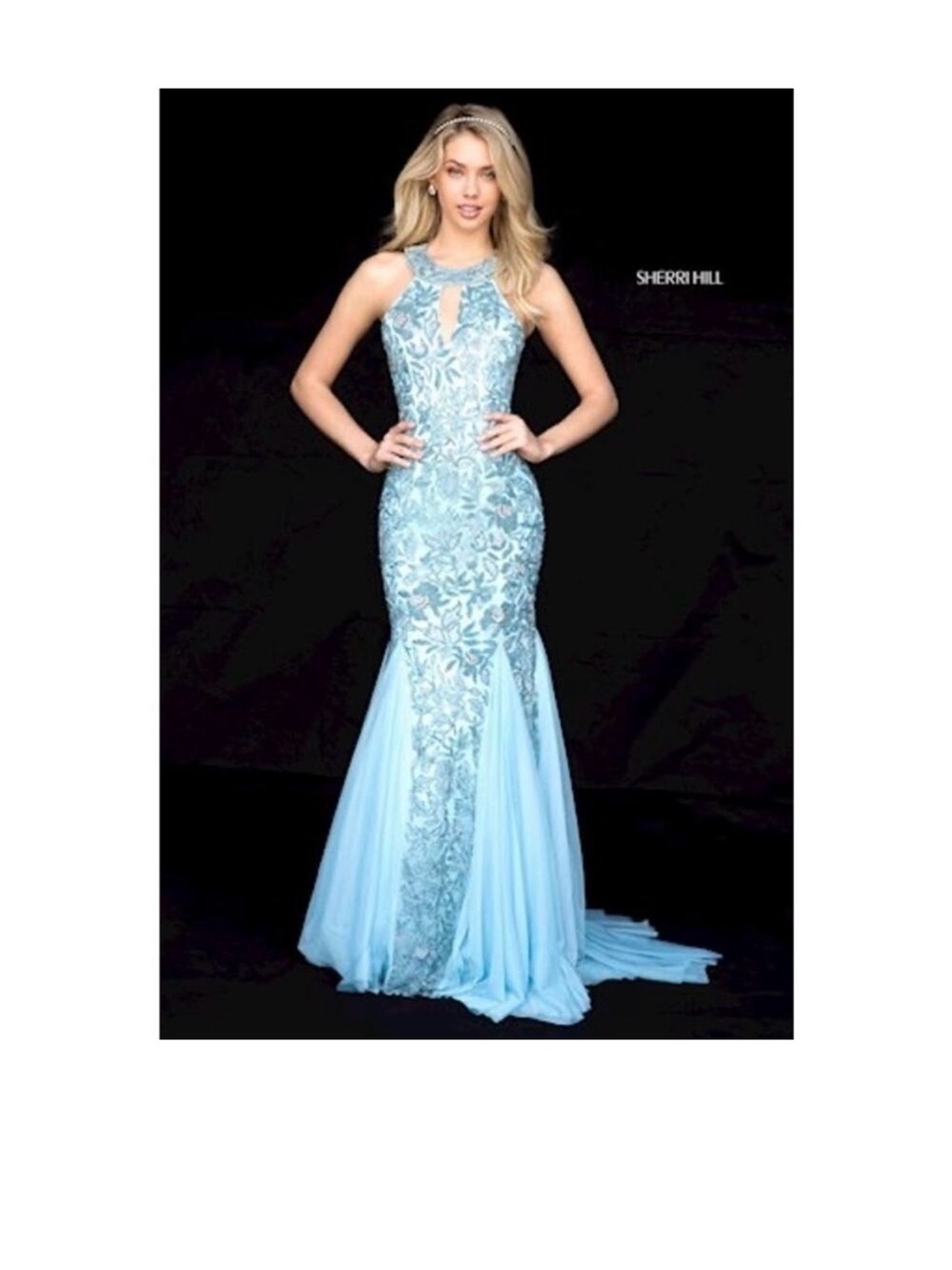 Sherri Hill Aqua Beaded Keyhole-Back Prom Dress